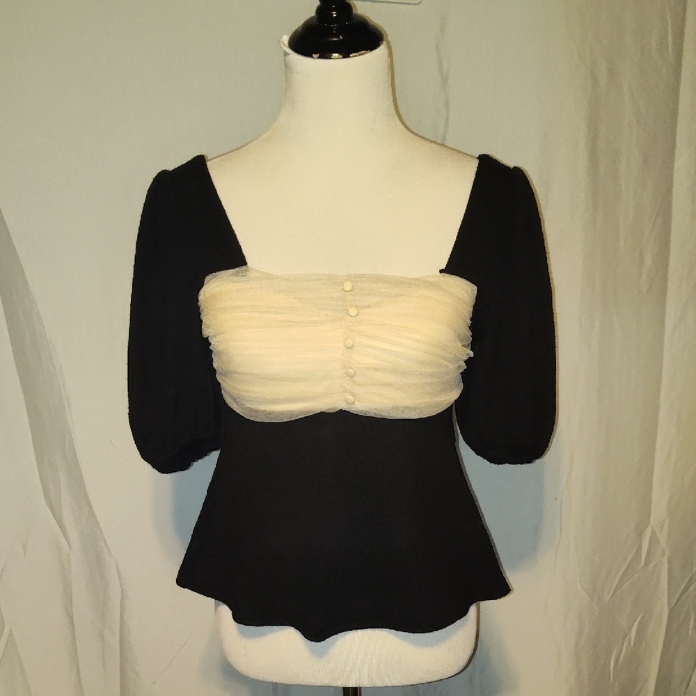 Sunday In Brooklyn Elegant Lace runched 3/4 Length Balloon Sleeved Black Size Xs